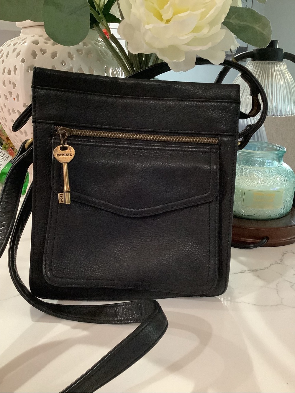 Vintage Fossil Black Leather Crossbody with Key Charm Pendant